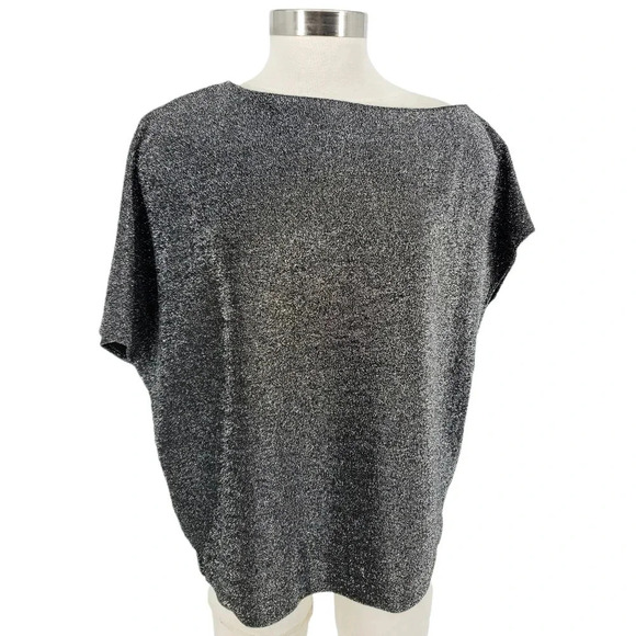 Alfani Blouse Silver Metallic Gunmetal Short Sleeve Holiday Top Shirt - Picture 1 of 10